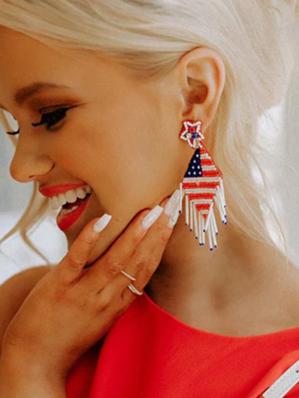 4th of July USA American Flag Boho  Fringe Seed Beaded Statement Earrings NEW